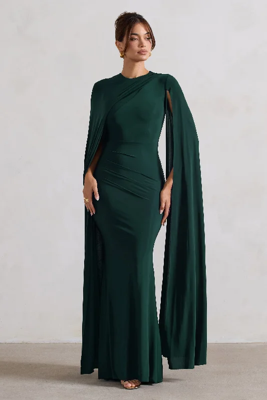 Magdelena | Bottle Green Asymmetric Cape Maxi Dress