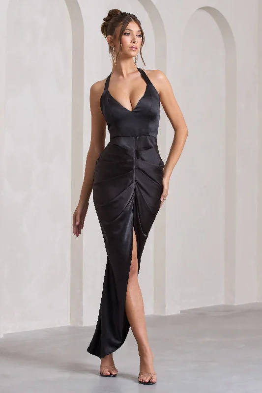 Rebecca | Black Satin Plunge Halter-Neck Open-Back Split Maxi Dress