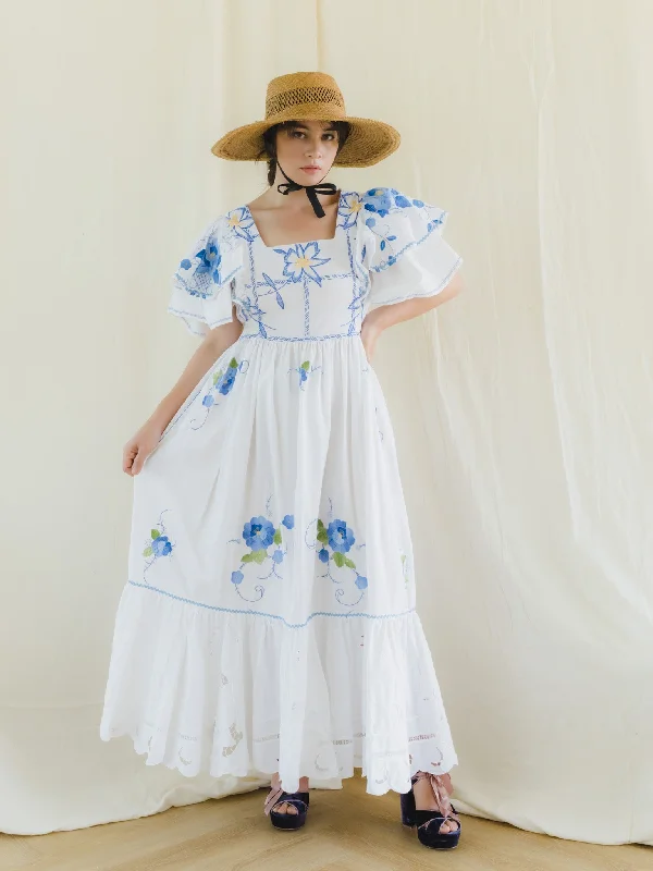 Re-Dress Upcycled Floral Tiered Blue Maxi Dress