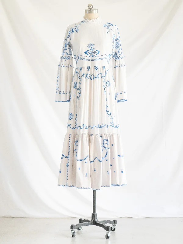 Re-design Upcycled Blue Floral Embroidered Maxi Dress