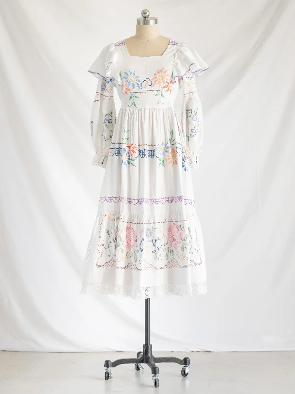 Re-design Upcycled Vibrant Cross-stitch White Floral Maxi Dress