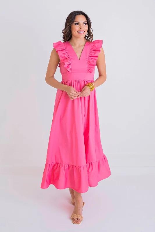 Ruffle Vneck Poplin Maxi Dress