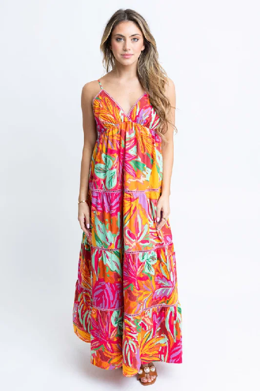 Tropical Halter Tier Maxi Dress