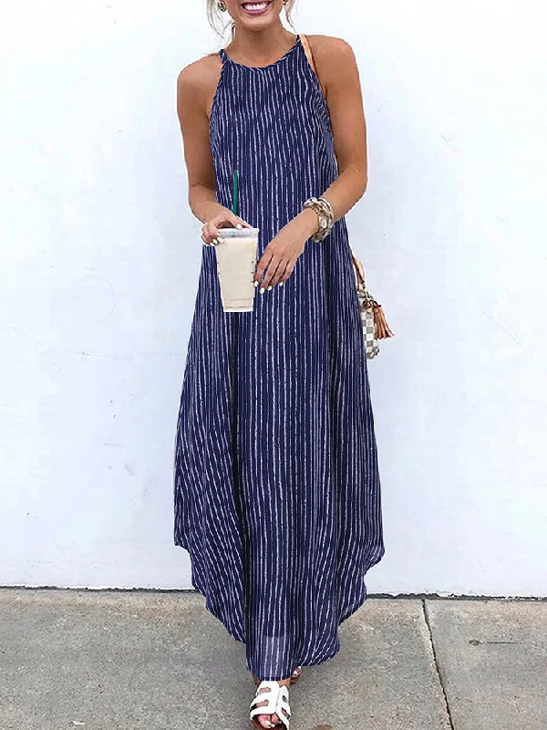 Women Casual Striped Strappy High Low Long Maxi Dress