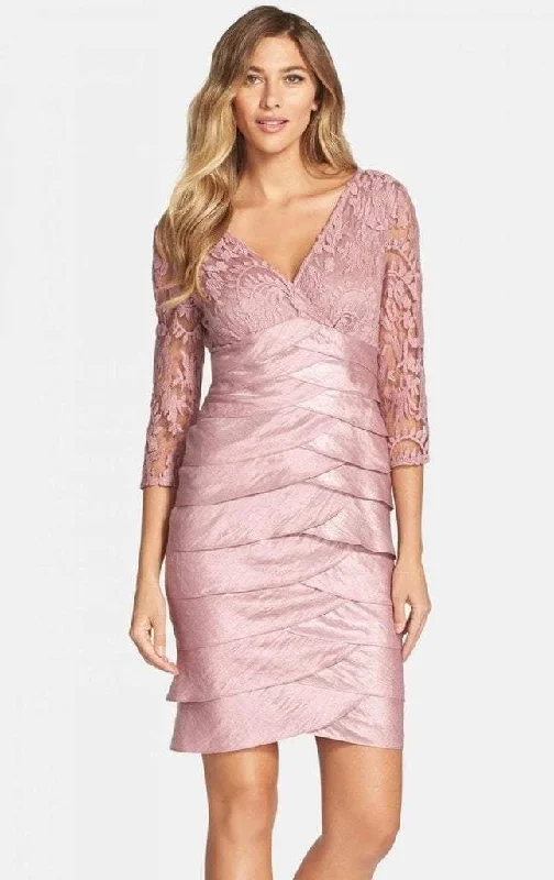 Adrianna Papell 12245620 V-Neck Lace Bodice Tiered Sheath Mini Dress - 1 Pc. Ash Rose in Size 6 Available Cozy Satin Mini Dress