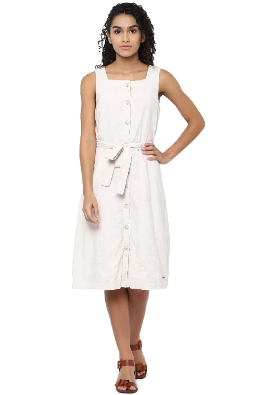 Allen Solly Women's Cotton Blend Classic Mini Dress (AHDRMRGFE40014_Cream_S) Fashionable Boho-Chic Mini Dress