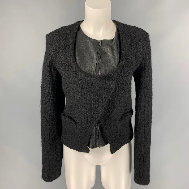 AMERICAN RETRO Eileen Size 0 Black Boucle Wool / Polyester Double Layer Jacket Boat Neck Shawl Collar Notched Collar AMERICAN RETRO Eileen Size 0 Black Boucle Wool / Polyester Double Layer Jacket Boat Neck Shawl Collar Notched Collar