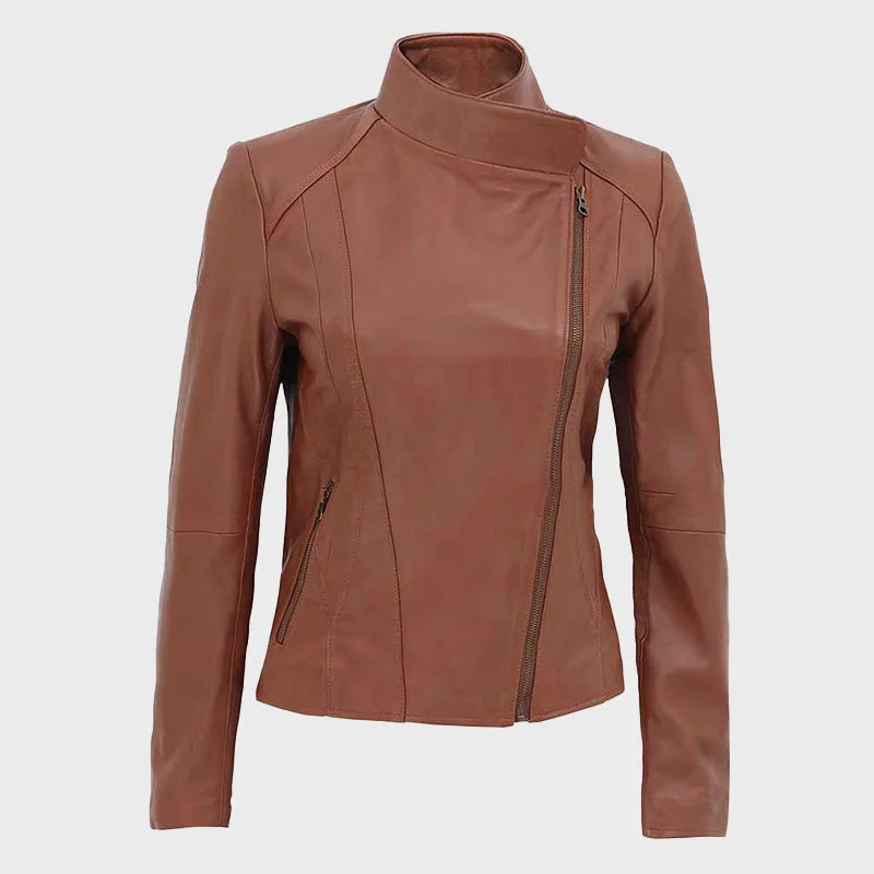 Women Tan Asymmetrical Biker Leather Jacket