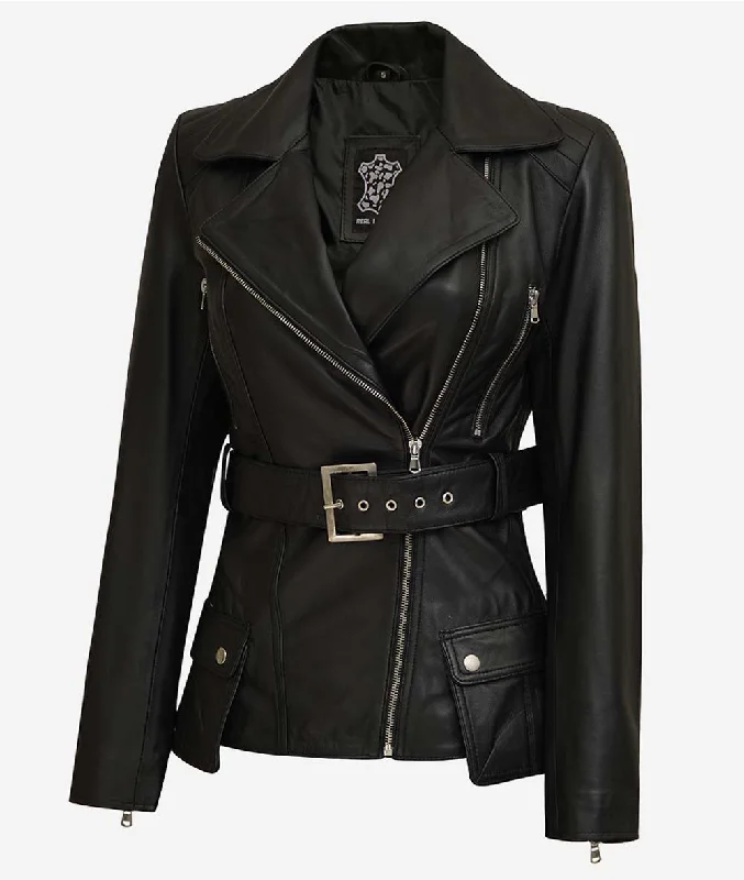 Asymmetrical Black Four Pocket Belted Moto Jacket