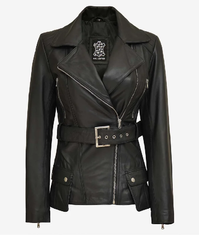 Asymmetrical Black Four Pocket Belted Moto Jacket