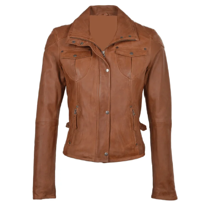 Brown Bomber Biker with Lining Sheepskin Leather Jacket Women