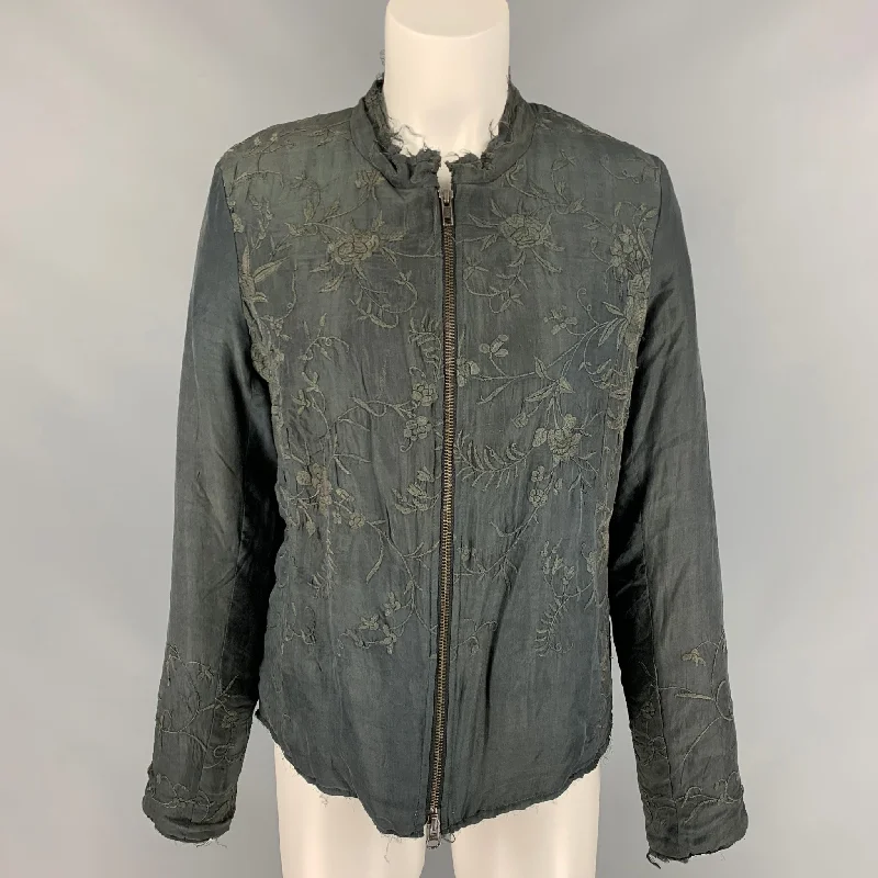 BY WALID Size M Dark Gray Silk Embroidered Jacket Welt Pockets Slit Pockets Flap Pockets BY WALID Size M Dark Gray Silk Embroidered Jacket Welt Pockets Slit Pockets Flap Pockets