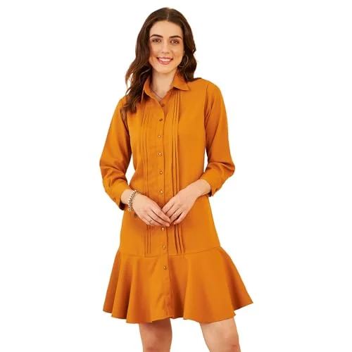 Carlton London Women's Polyester A-Line Mini Dress (CL8039_Mustard Trendy Floral Mini Dress Carlton London Women's Polyester A-Line Mini Dress (CL8039_Mustard Trendy Floral Mini Dress