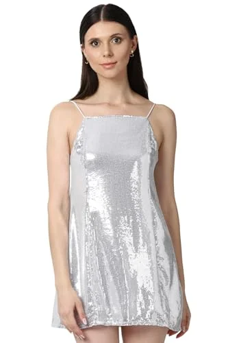 FOREVER 21 women's Polyester Classic Mini Dress (594519_Silver Fashionable Lace-Trim Mini Dress FOREVER 21 women's Polyester Classic Mini Dress (594519_Silver Fashionable Lace-Trim Mini Dress