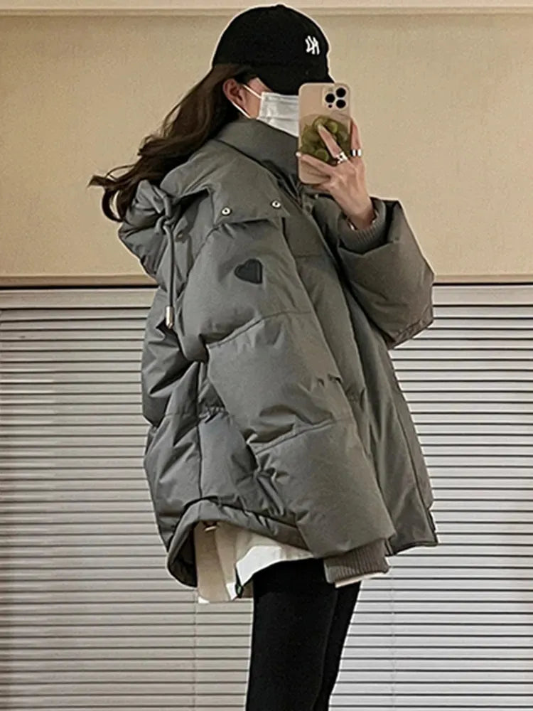 Getadme-Gery Down Cotton Jacket Women Hooded Parkas Winter Padded Coat Thick Warm Love Embroidery Loose Puffer Female Snow Outwear