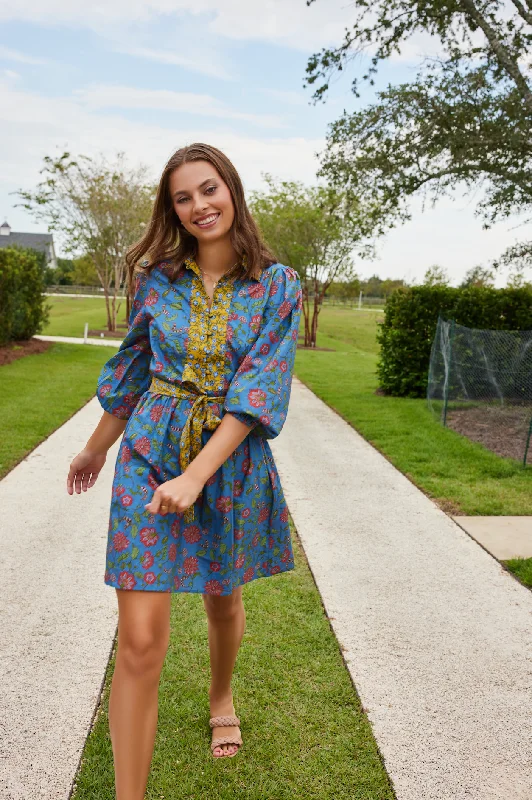 Halle Collared Belted Mini Dress in Blue Floral Elegant Tulle Mini Dress