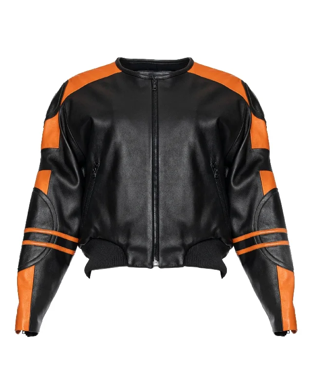 BLACK & ORANGE LEATHER RACER BOMBER JACKET 003