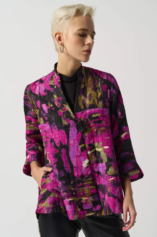Joseph Ribkoff 233192 Fuchsia Pink Multi Print Jacket Satin Fabric Silk Fabric Chiffon Fabric Joseph Ribkoff 233192 Fuchsia Pink Multi Print Jacket Satin Fabric Silk Fabric Chiffon Fabric
