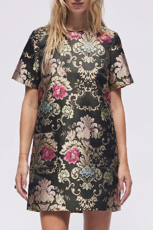 Joyce Shift Mini Dress in Black Jacquard - FINAL SALE Casual Button-Up Mini Dress