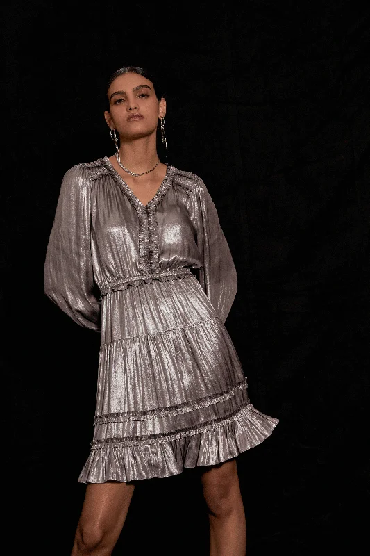 Metallic Ruffled Mini Dress Comfortable Shift Mini Dress