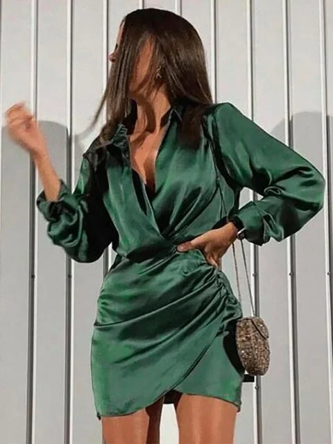 Long Sleeve V Neck Ruched Wrap Mini Dress Stylish Ribbed Mini Dress