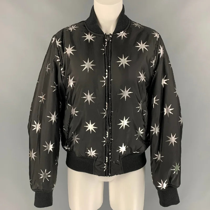 LOVE MOSCHINO Size 6 Black & Silver Star Print Polyester Bomber Jacket Snapped Jacket Toggled Jacket Drawstring Jacket LOVE MOSCHINO Size 6 Black & Silver Star Print Polyester Bomber Jacket Snapped Jacket Toggled Jacket Drawstring Jacket