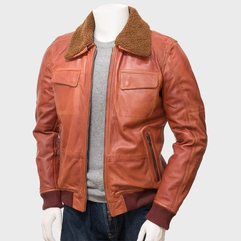 Men's Rust Leather Bomber Brown Fur Jacket