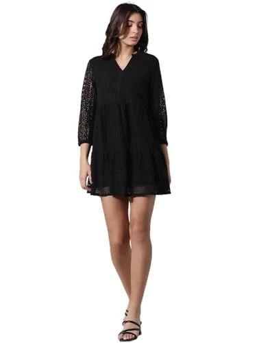ONLY Women's Cotton Blend A-Line Mini Dress (15335810-Jet Black_Jet Fashionable Polka Dot Mini Dress ONLY Women's Cotton Blend A-Line Mini Dress (15335810-Jet Black_Jet Fashionable Polka Dot Mini Dress