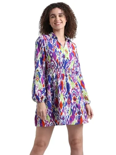ONLY Women's Polyester Blend Classic Mini Dress (15333580-Princess Blue_Princess Casual V-Neck Mini Dress ONLY Women's Polyester Blend Classic Mini Dress (15333580-Princess Blue_Princess Casual V-Neck Mini Dress