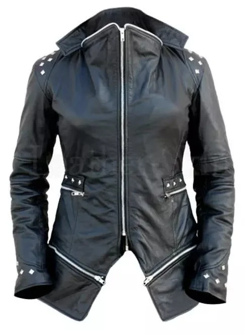 Punk Women Style Studded Shoulder Spikes Studs Genuine Leather Jacket