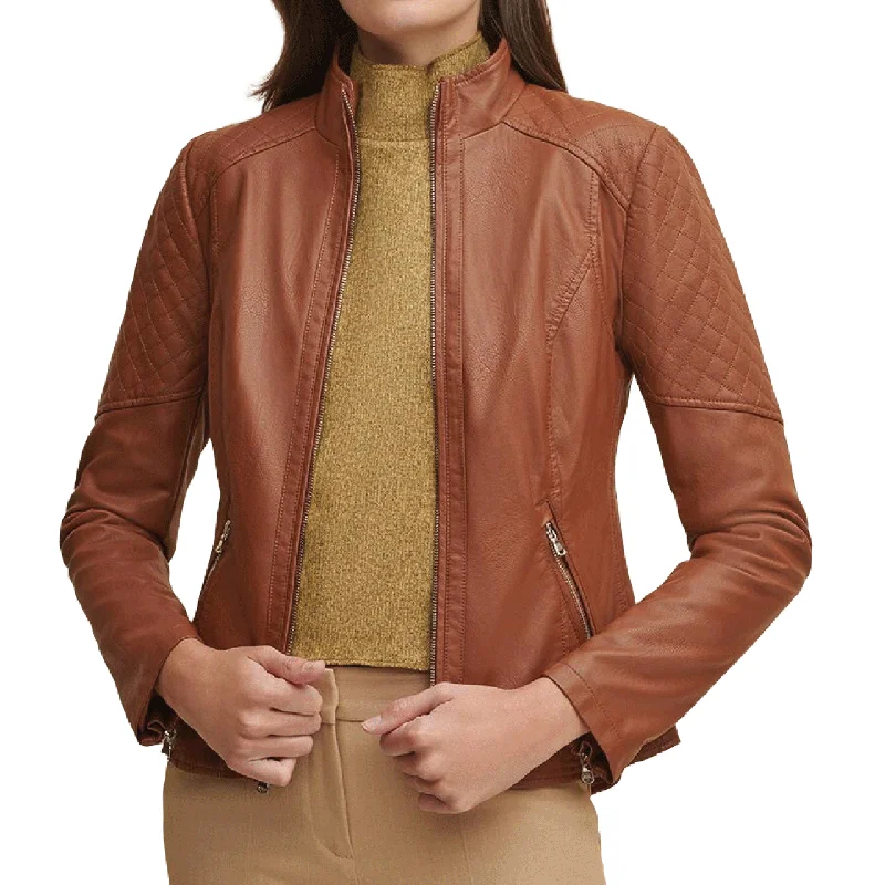 Slim and Smart Quilted Brown Color Zipper Pocket Sheepskin Leather Jacket Women