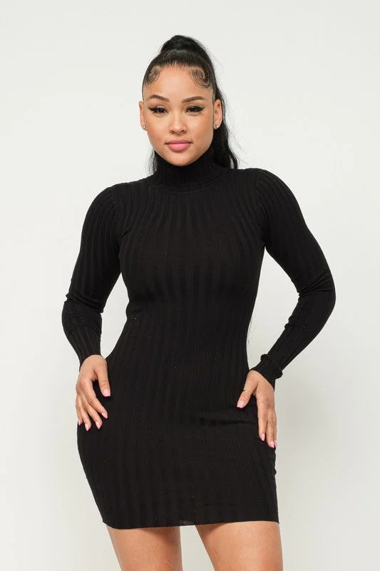 Turtle Neck Ribbed Mini Dress Elegant Satin Mini Dress
