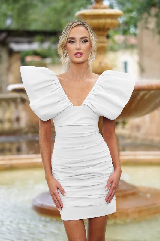 Statement-Shoulder Ruched Tess Mini Dress Chic Sleeveless Mini Dress