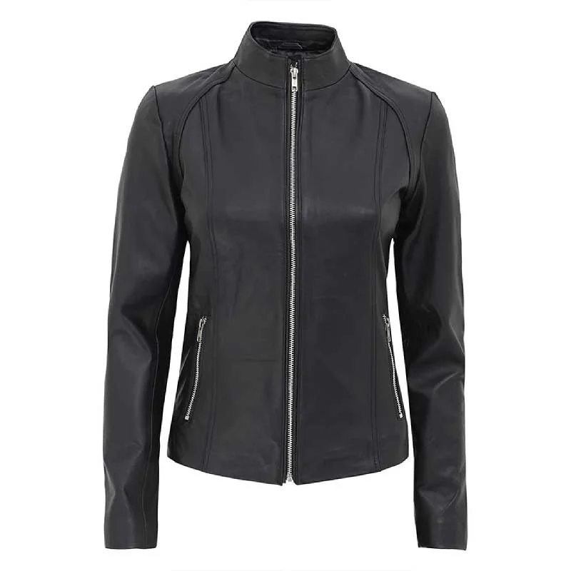 Women Black Leather Cafe Racer Jacket