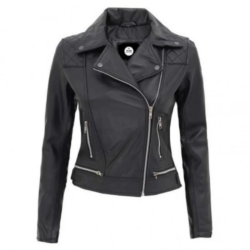 Women Black Quilted Zipper Leather Jacket