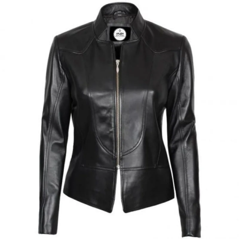 Women Black Slim Fit Leather Jacket