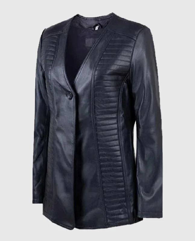 Women's Black Collarless Long Jacket