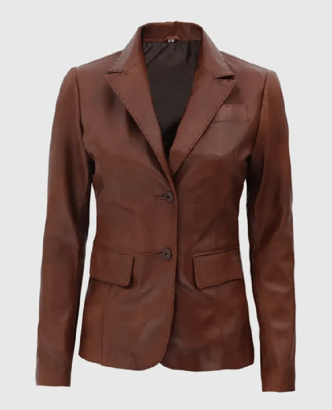 Women's Brown Two Button Leather Blazer Jacket