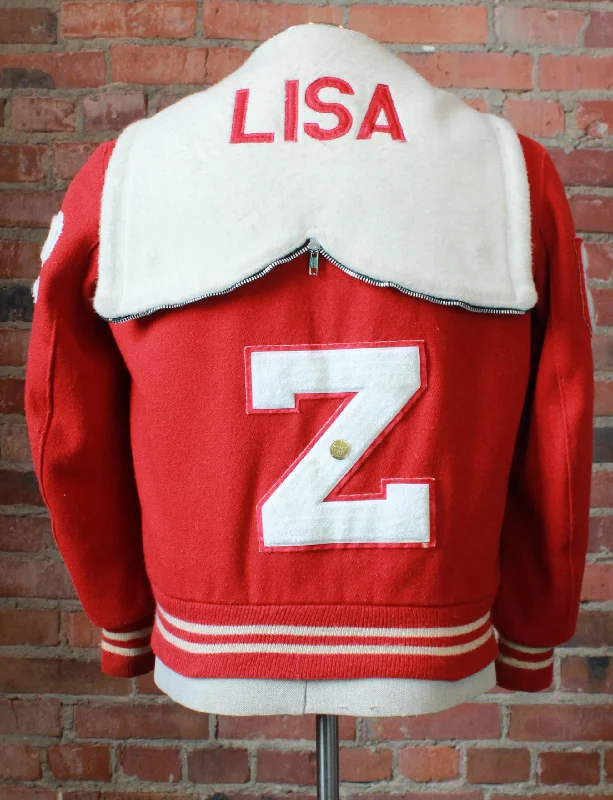 Women's Vintage 1982 Mt. Zion Varsity Letterman Jacket Lisa Volleyball Bomber Red White Large One-Shoulder Jacket Off-the-Shoulder Jacket Asymmetrical Jacket Women's Vintage 1982 Mt. Zion Varsity Letterman Jacket Lisa Volleyball Bomber Red White Large One-Shoulder Jacket Off-the-Shoulder Jacket Asymmetrical Jacket