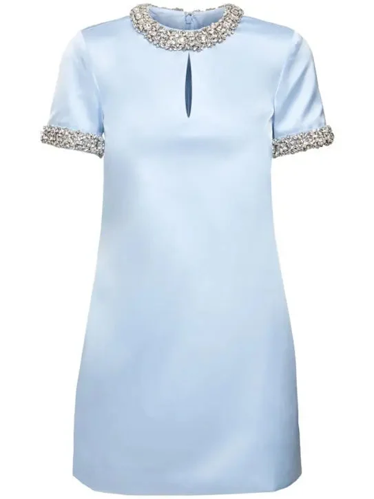 Blue Satin Embellished Mini Dress