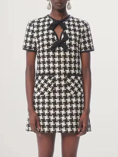 Bow-Detail Black and White Houndstooth Tweed Mini Dress