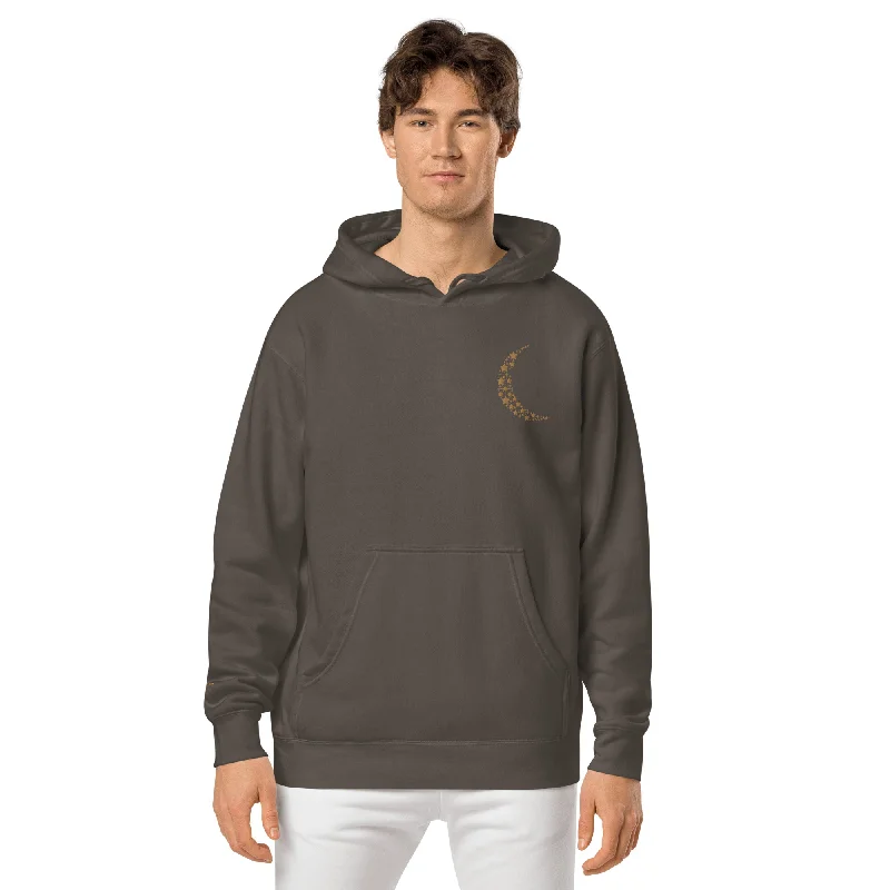 Crescent Moon Design Unisex Pigment-Dyed Hoodie, lioness-love Hoodie with Velcro Closure Adjustable Secure Crescent Moon Design Unisex Pigment-Dyed Hoodie, lioness-love Hoodie with Velcro Closure Adjustable Secure
