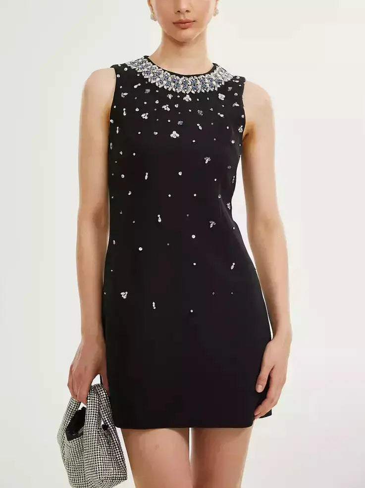 Crystal-Embellished Sleeveless Mini Dress in Black