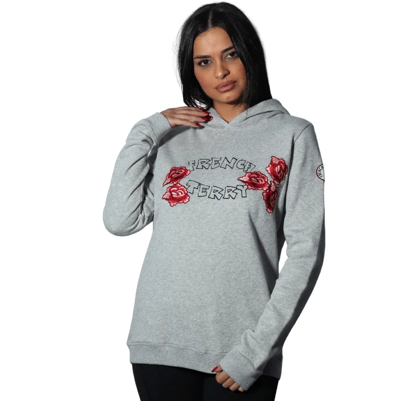 FRENCH TERRY - Flower stitched hoody Hoodie with Ribbed Cuffs Snug Fit Comfort