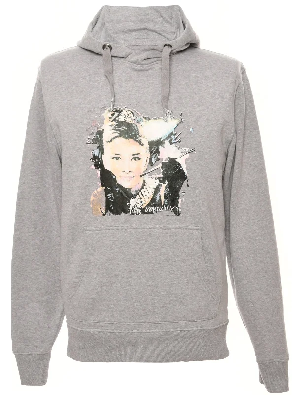 Grey Printed Hoodie - XL Hoodie with Crew Neck Simple Timeless