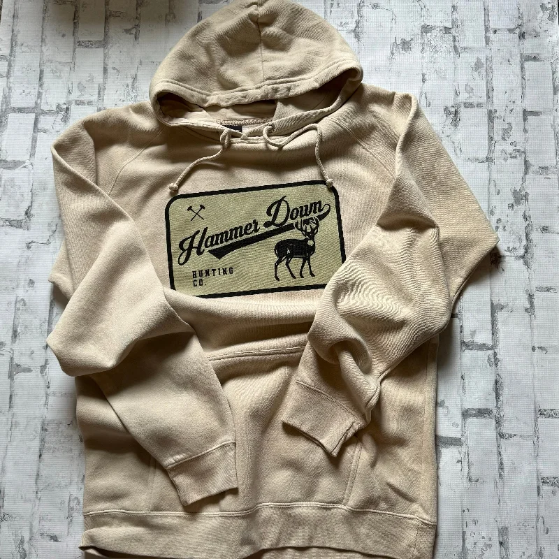 Hammer Down "Deer Hunting Co Label" Hoodie - Cream Hoodie with Ribbed Hem Stretchable Secure