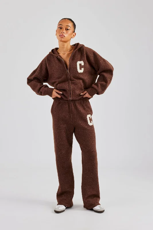 Hooded Zip Through Knitted Tracksuit - Chocolate Hoodie with Mock Neck Collared Structured Hooded Zip Through Knitted Tracksuit - Chocolate Hoodie with Mock Neck Collared Structured