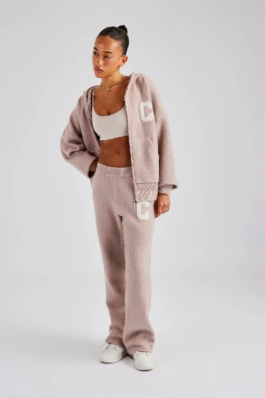 Hooded Zip Through Knitted Tracksuit - Pink Oversized Hoodie Comfort Casual