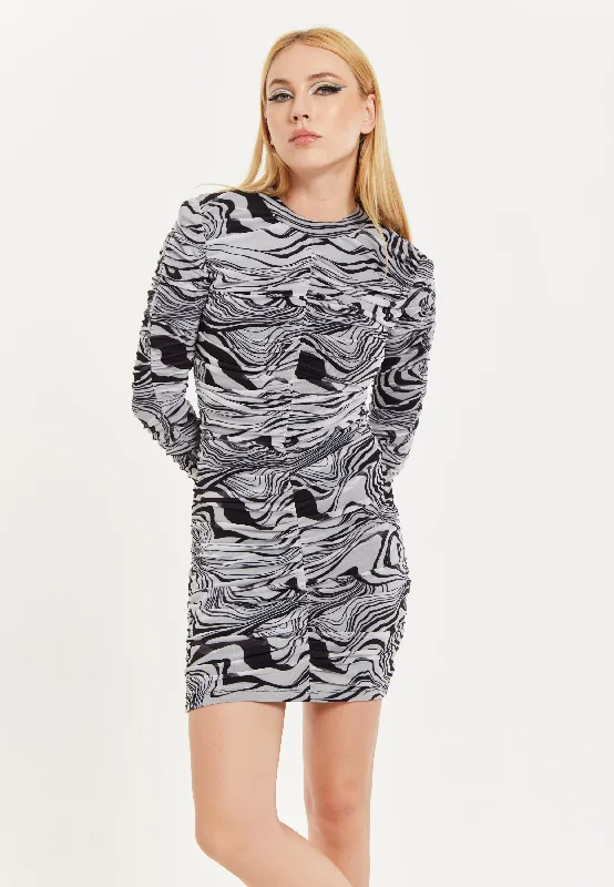 House of Holland Monochrome Swirl Print Ruched Mini Dress In Black&White