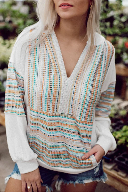 Striped Patchwork V Neck Drop Shoulder Knit Hoodie Hoodie with Hood Adjustable Protection
